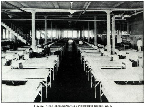 One of the large wards at Debarkation Hospital No. 3 in the Greenhut Bldg, New York City; source U.S. Army Medical Department Center of History & Heritage, https://achh.army.mil/ ; public domain.