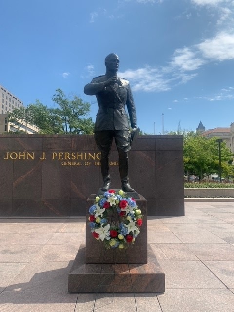 Pershing statue with wreath