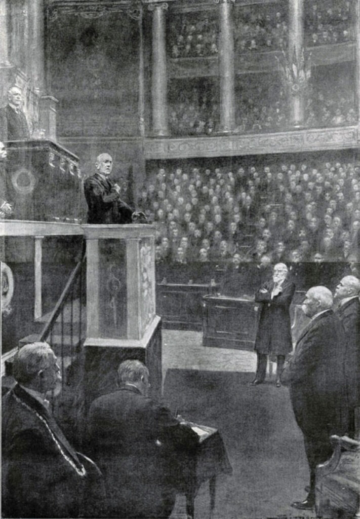 Illustration of Wilson giving a speech to a crowd