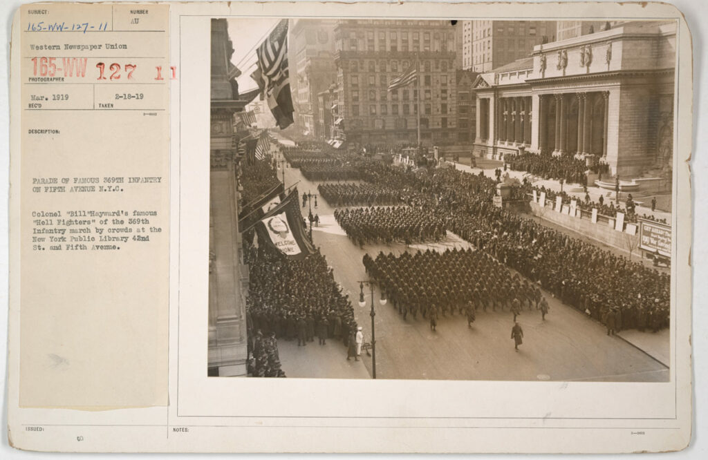 369th Regimental and other bands march down 5th Avenue in NYC after WWI