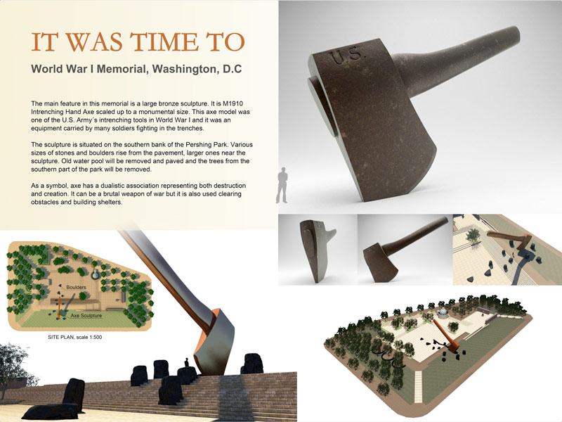 A potential WWI memorial design with a massive statue of an ax