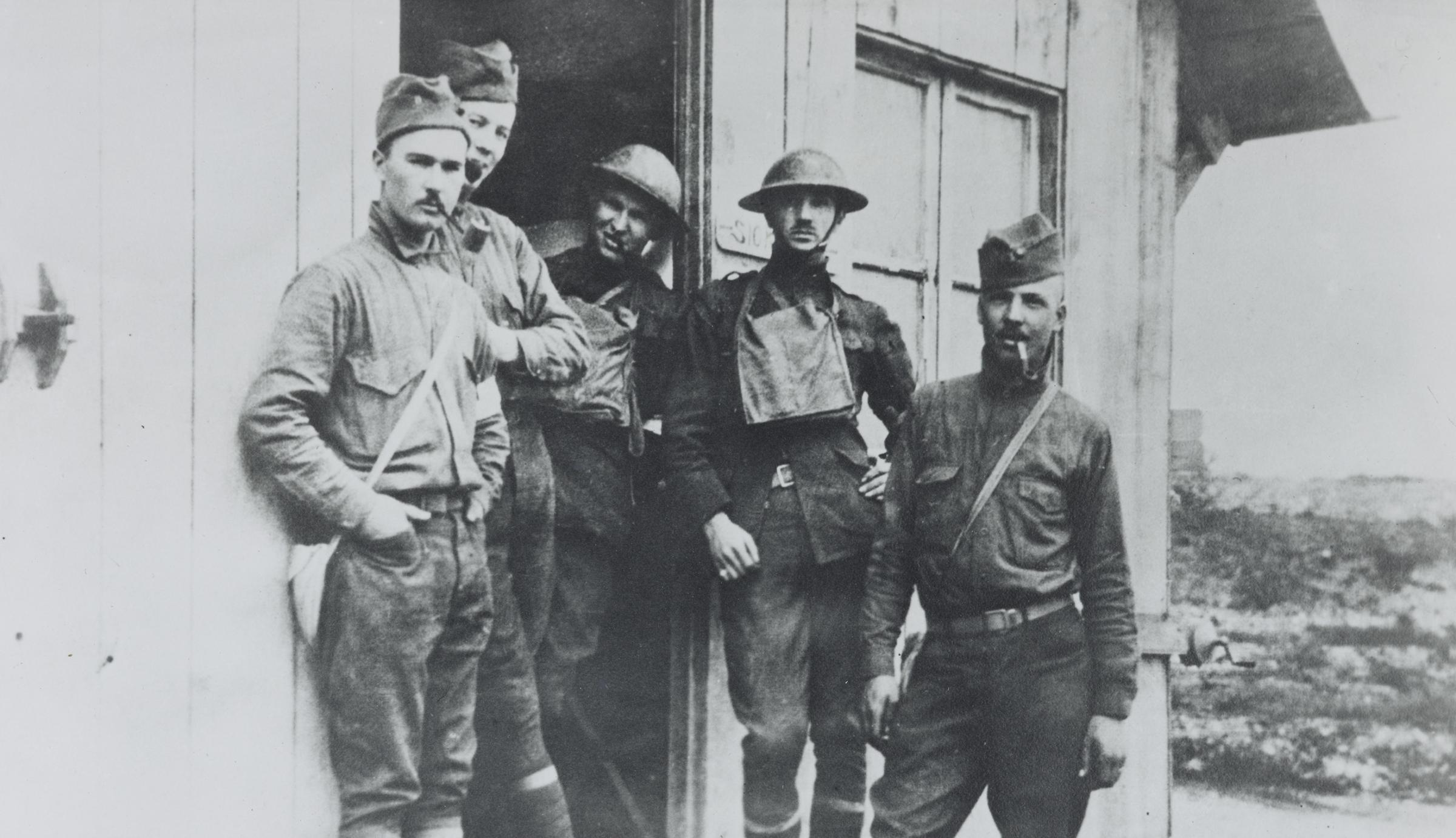 Naval Hospital Corpsmen at the sick bay of the regimental aid station behind the front lines near the Verdun Sector, April 1918.