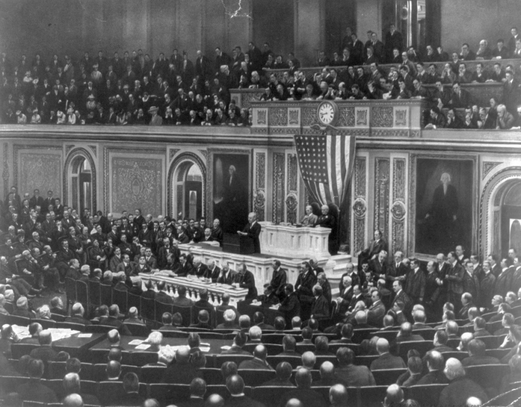Wilson asks Congress on April 2, 1917, to declare war on Germany.