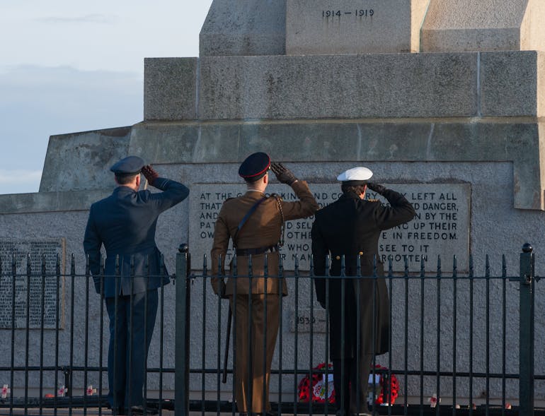 Alt.tag: soldiers saluting WWI memorial, thinking about the psychology of leaving